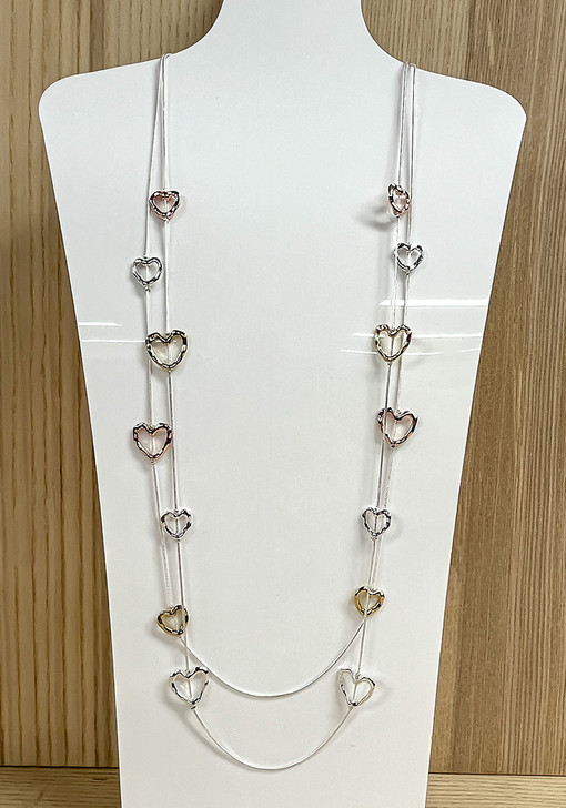 Three Tone Hearts Double Strand Silver Necklace