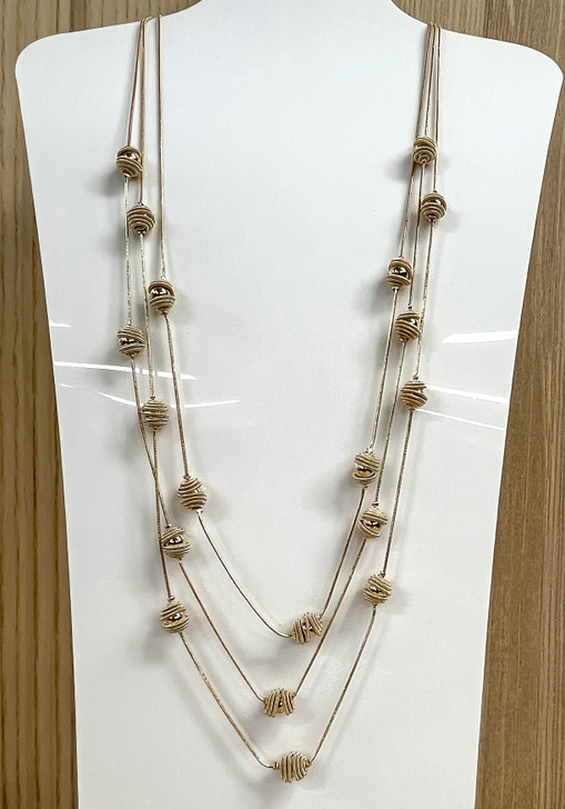 Metal Coil Wrapped Beads Triple Strand Gold Necklace