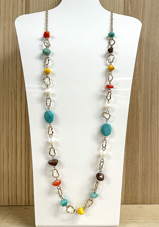 Natural Coloured Stones And Pearls Gold Linked Necklace