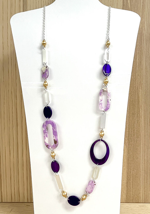 Matt Silver Gold And Purple Tone Beaded Necklace