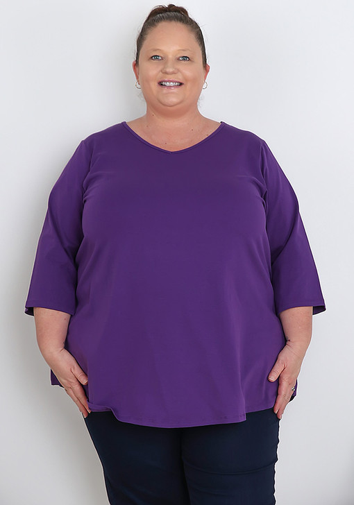 Plus Size Purple Cotton 3/4 sleeve V Neck Tee