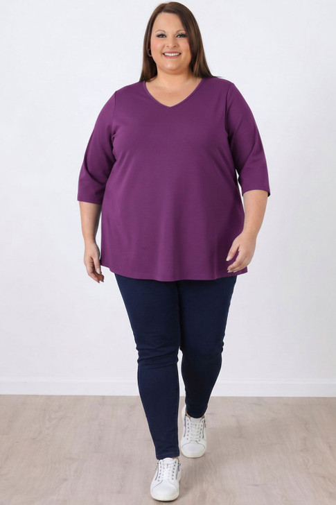 Plus Size Purple Cotton Stretch V Neck Top