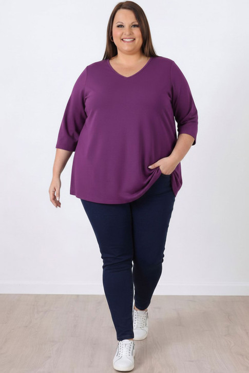 Plus Size Purple Cotton Stretch V Neck Top