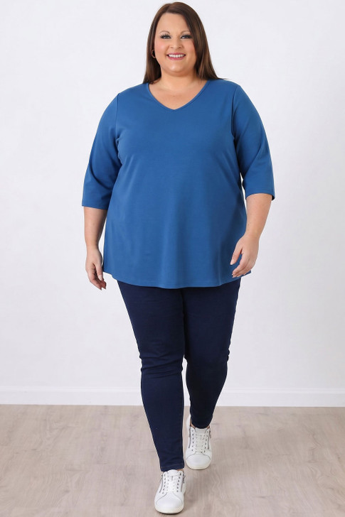 Plus Size Blue Cotton Stretch V Neck Top
