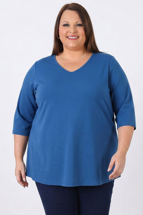 Blue Cotton Stretch V Neck Top