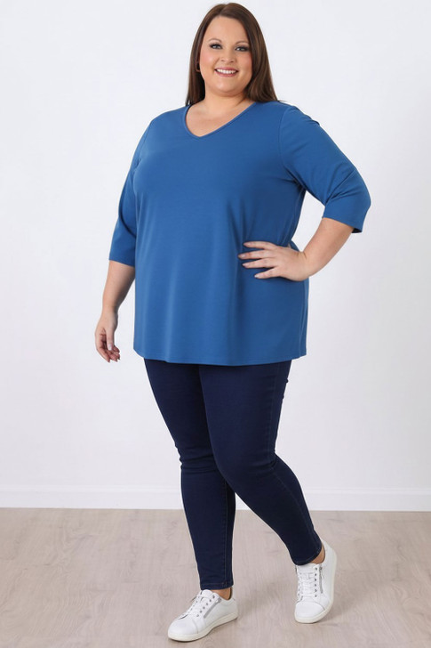 Plus Size Blue Cotton Stretch V Neck Top