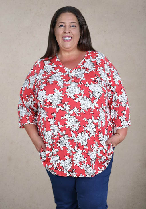 Plus Size Coral and White Rose V Neck 3/4 Sleeve Top