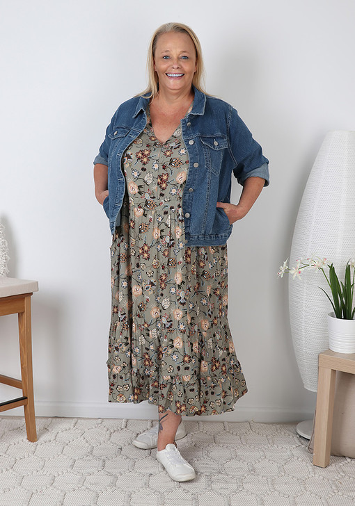 plus size neutral boho blooms dress with sleeves