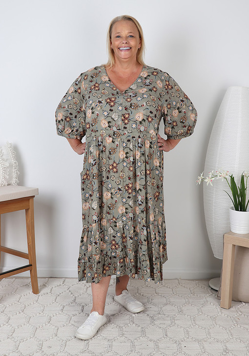 plus size neutral boho blooms dress with sleeves