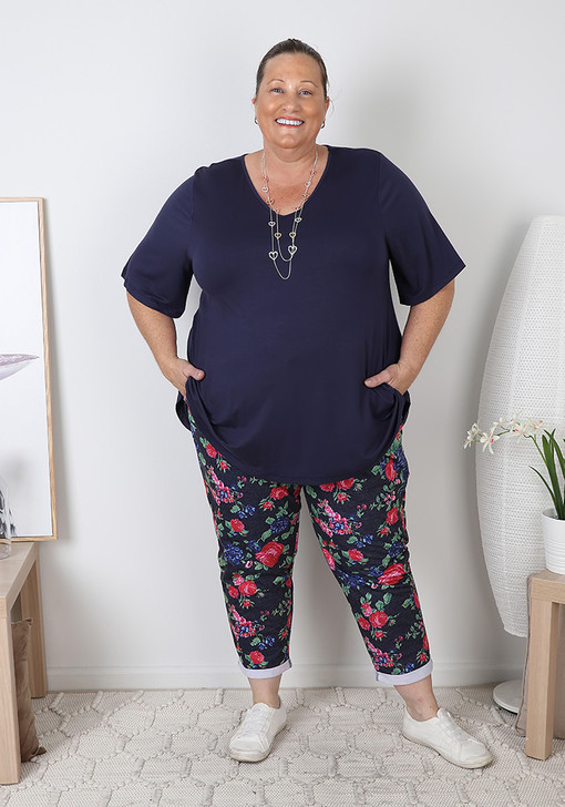 Plus Size Navy Rose Garden Roll Up Cuff Track Pant