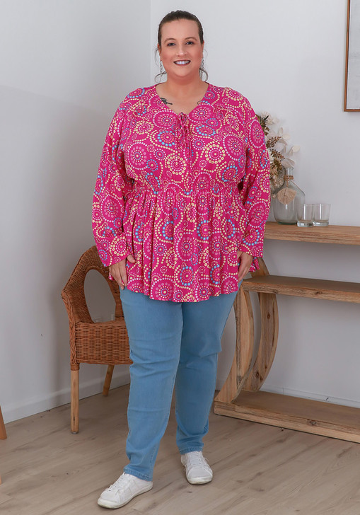 Plus Size Dot Art Pink Tie Front Top