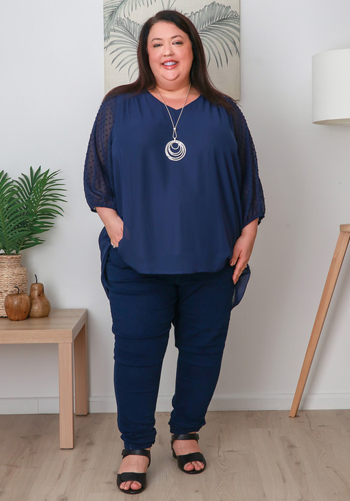 Plus Size Navy Floaty Chiffon Top with Textured Sleeves