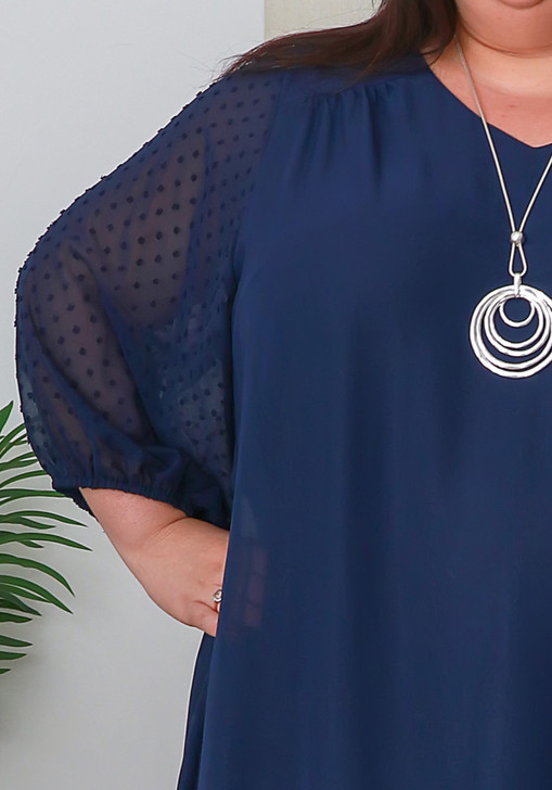 Plus Size Navy Floaty Chiffon Top with Textured Sleeves