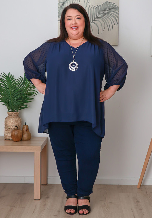 Plus Size Navy Floaty Chiffon Top with Textured Sleeves