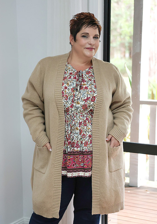 Plus Size Camel Brown Open Cardigan