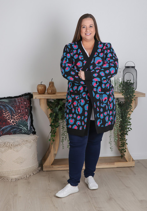 plus size blue pink leopard cardigan