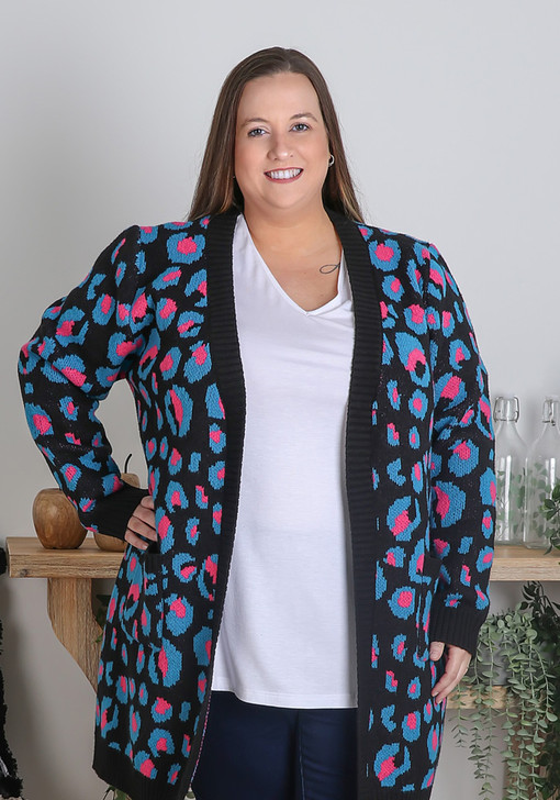 plus size blue pink leopard cardigan