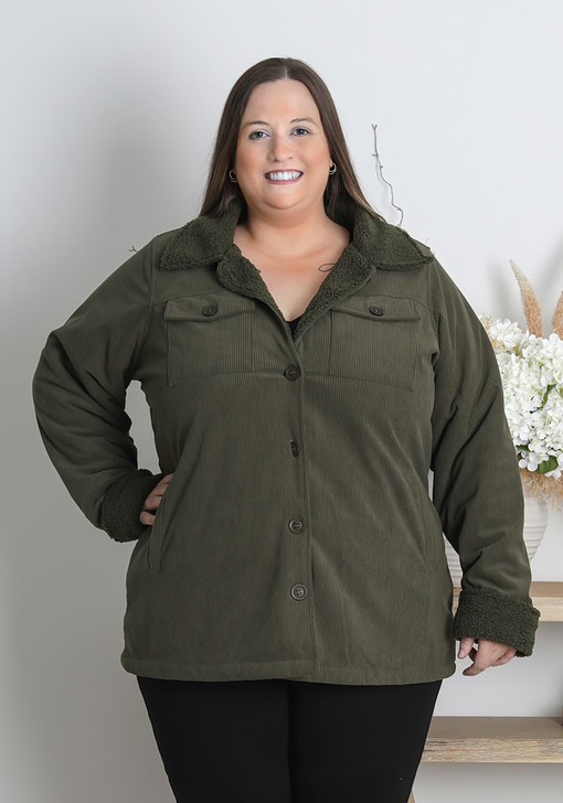 Plus Size Khaki Green Casual Corduroy Jacket