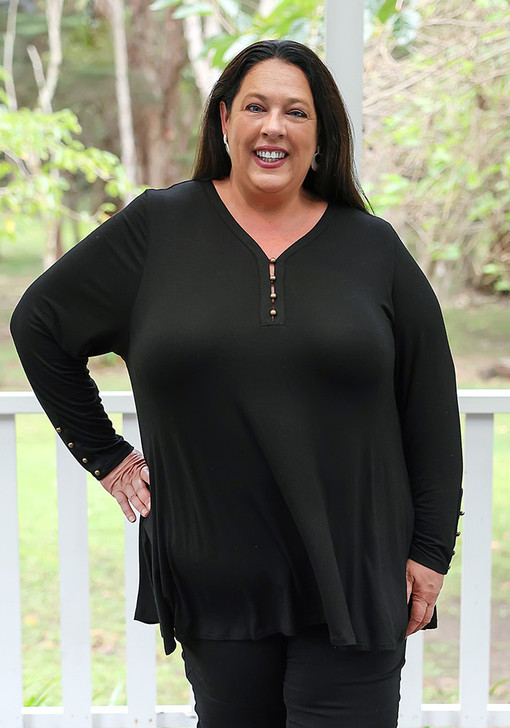 Plus Size Black Button Accent Long Sleeve Swing Top