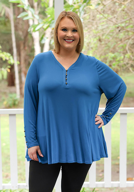 Plus Size Blue Button Accent Long Sleeve Swing Top