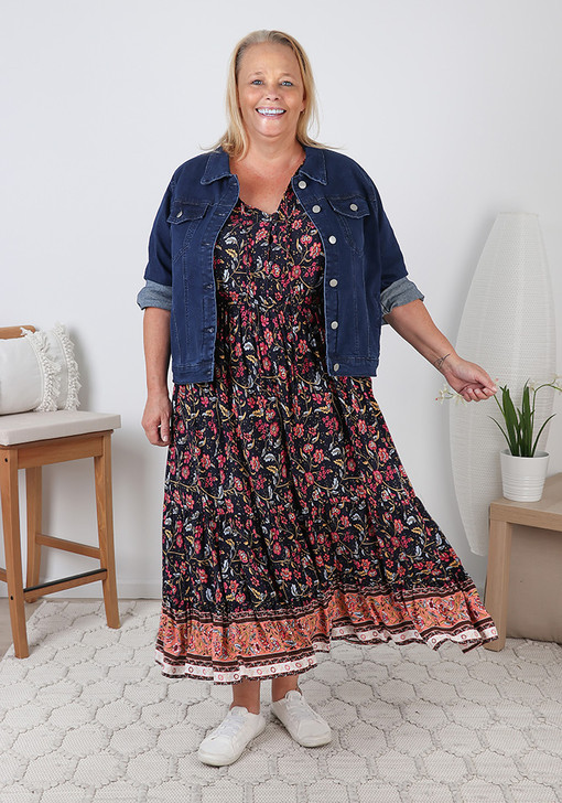 Plus Size Feminine Navy Floral Boho Dress