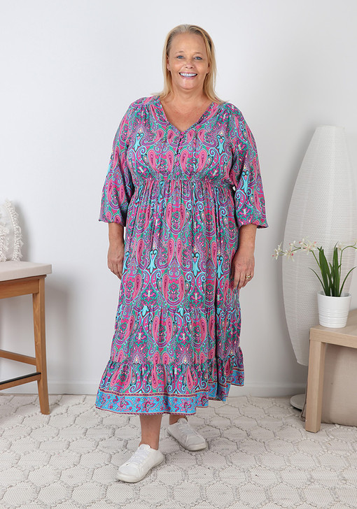 Plus Size Pink Paisley Lotus Boho Long Sleeve Dress