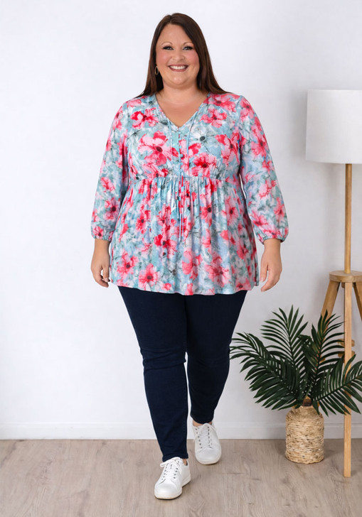 Blue Pink Water Colour Floral Top