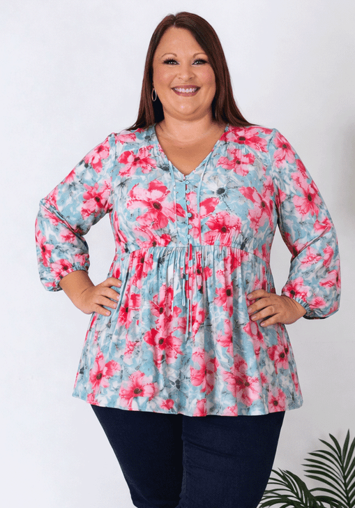 Blue Pink Water Colour Floral Top
