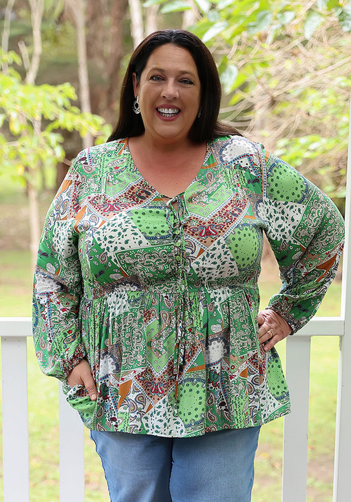 Plus Size Apple Green Abstract Paisley Boho Top