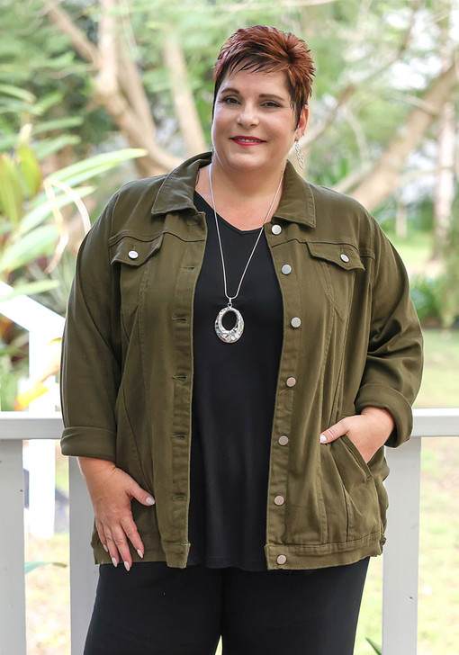 Plus Size Khaki Long  Denim Jacket With Pockets