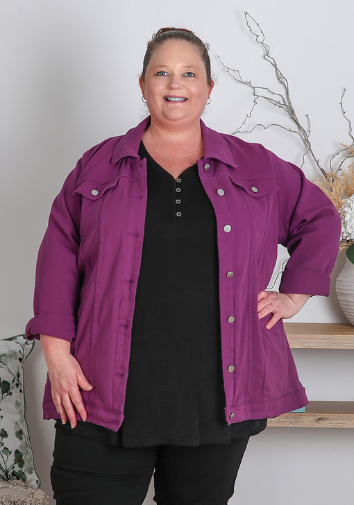 Plus Size Purple Longer Length Denim Jacket With Pockets