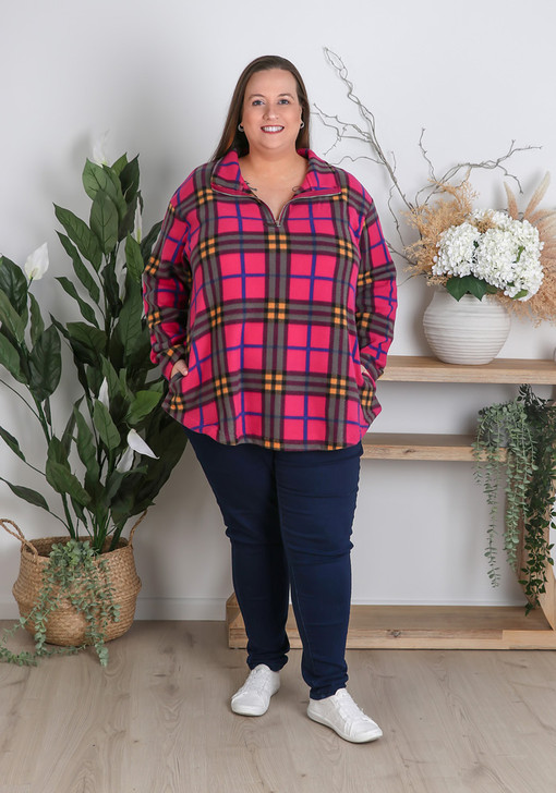 Plus Size Magenta And Yellow Fleece Zip Pull Over