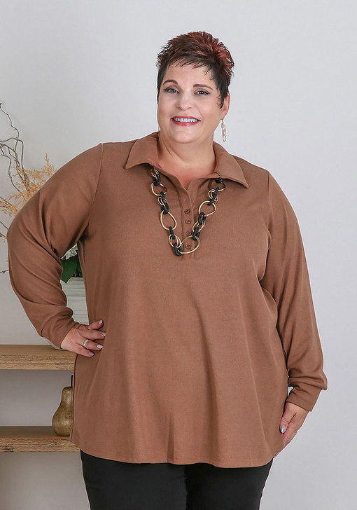 Plus Size Camel Collared Button Up Top