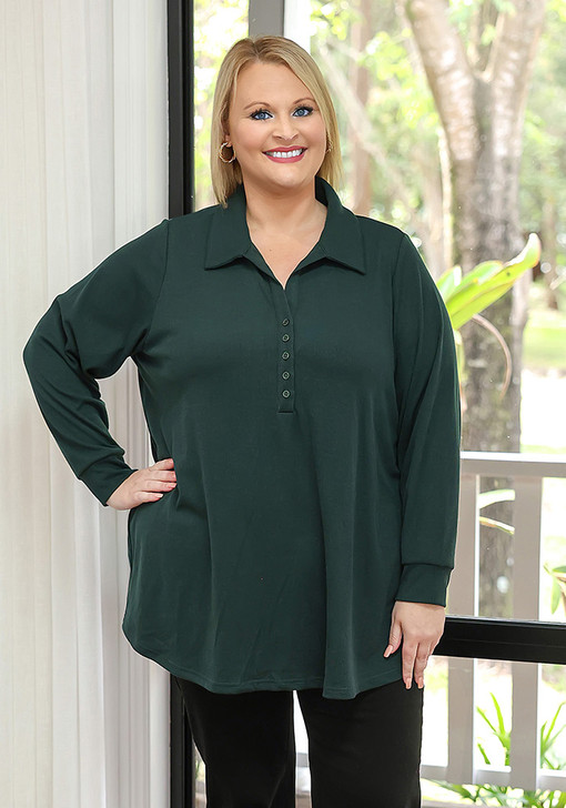 Plus Size Forest Green Collared Button Up Top