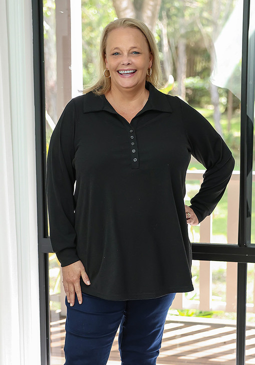 Plus Size Black Collared Button Up Top