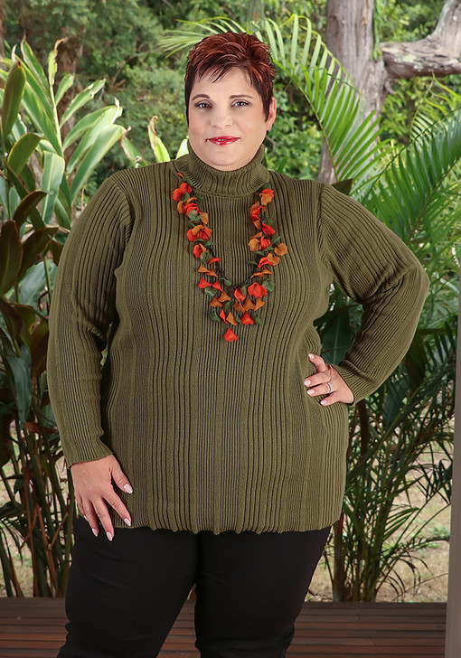 Plus Size olive Ribbed Cowl Neck Top