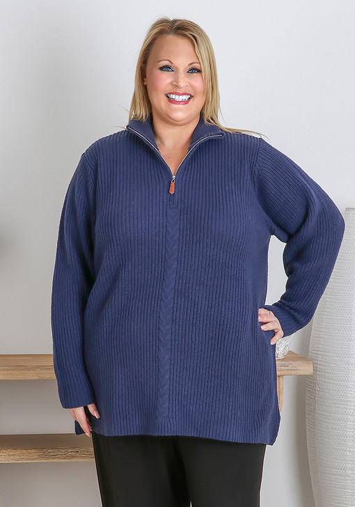 Plus Size Deep Blue Ribbed Knit Zip Jumper