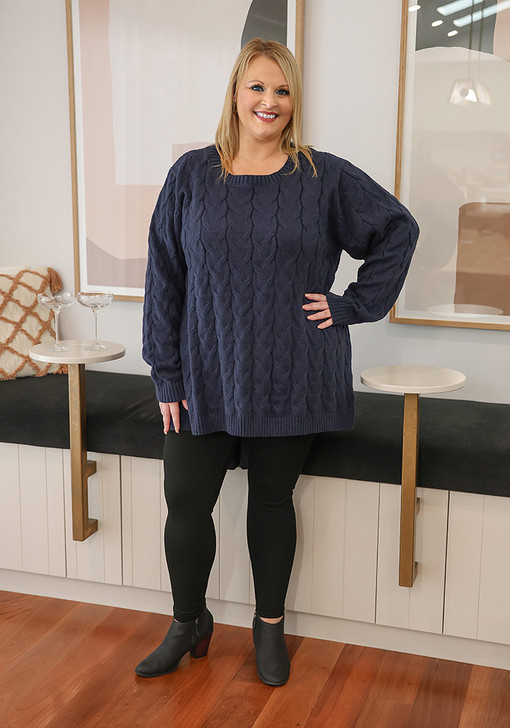 Plus Size Navy Blue Braided Jumper