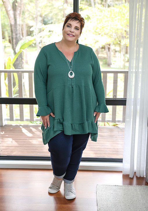 Plus Size Pine Green Waffle Drop Waist Top