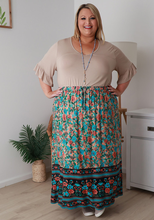 Plus Size Aqua And Pink Floral Skirt