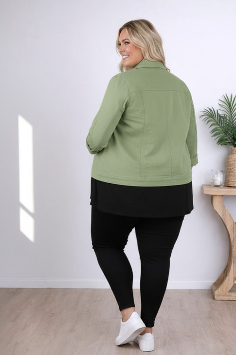 plus size Sage Green Denim Jacket With Pockets