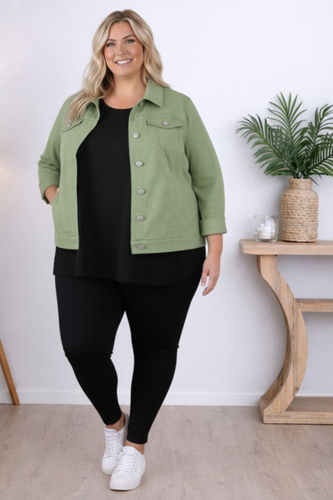 plus size Sage Green Denim Jacket With Pockets