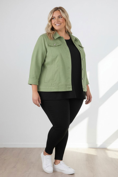 plus size Sage Green Denim Jacket With Pockets