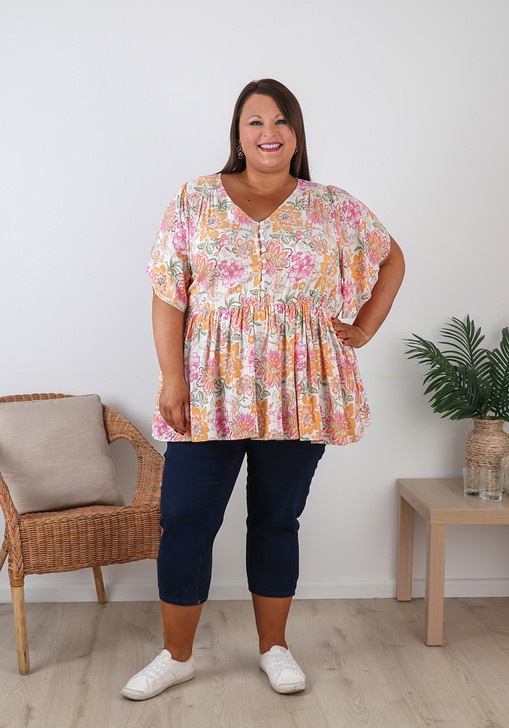 Plus Size Pink Orange Floral Split Sleeve Top 