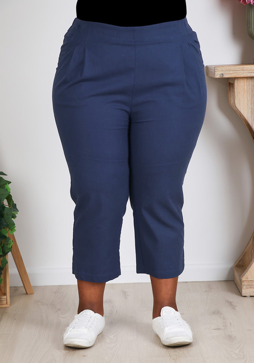 Plus Size Navy Linen Blend Tapered Leg Crop Pant