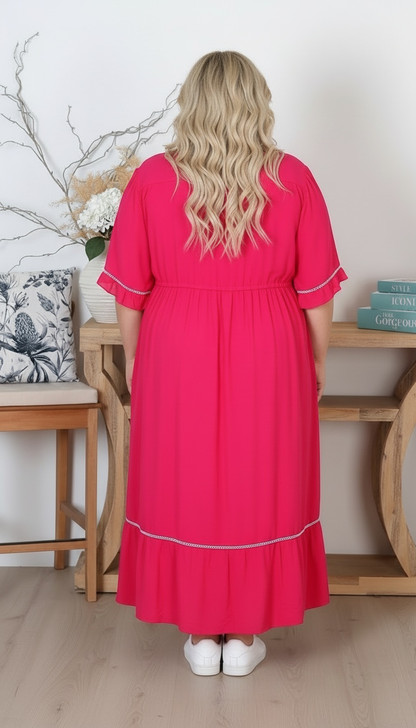 Fuchsia Pink Ladder Lace Flowing Long Dress