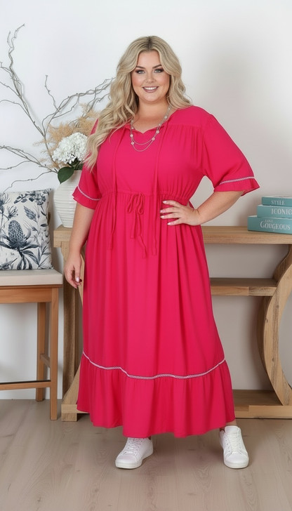 Fuchsia Pink Ladder Lace Flowing Long Dress