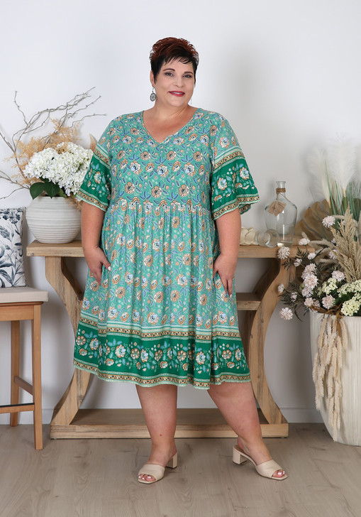 Plus Size Meadow Dream in Green Boho Dress