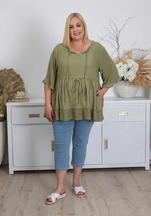 Plus Size Khaki Elbow Sleeve Summer Top