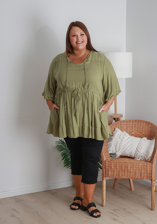 Plus Size Khaki Elbow Sleeve Summer Top